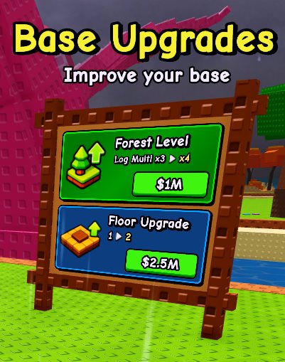 My Timber Pets Base Upgrades panel showing Forest Level 3 to 4 at $1M and Floor 1 to 2 at $2.5M