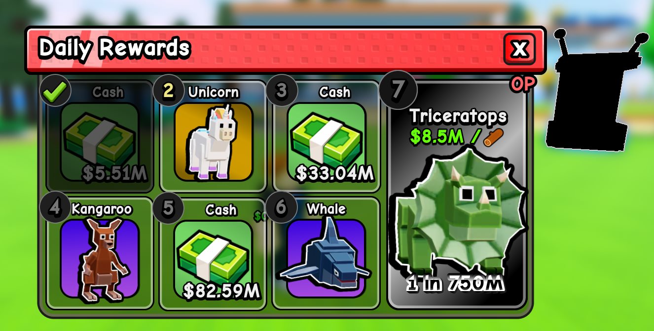 My Timber Pets seven-day daily reward cycle with pet rewards