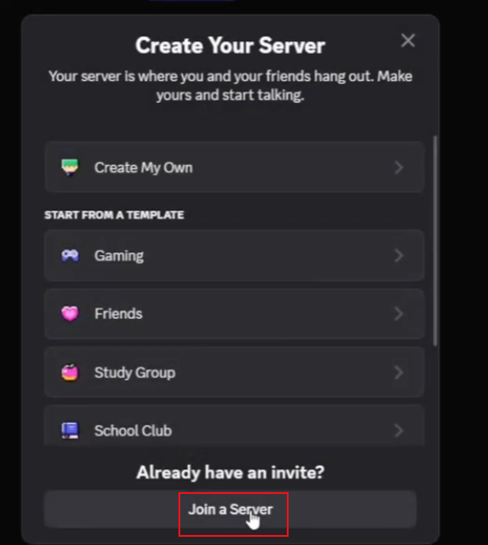 Create Your Server modal with the Join a Server link highlighted at the bottom