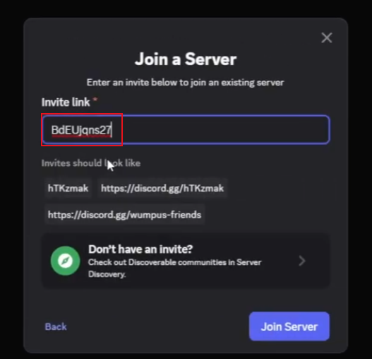 Join a Server dialog with the invite code BdEUjQns27 pasted into the Invite link field