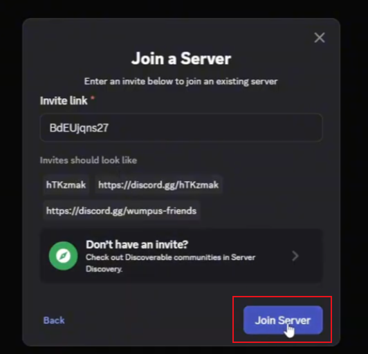 Join a Server dialog with the Join Server button highlighted in red