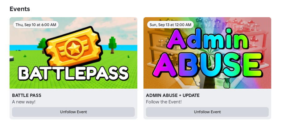 My Timber Pets Roblox experience Events tab listing Battle Pass and Admin Abuse plus Update