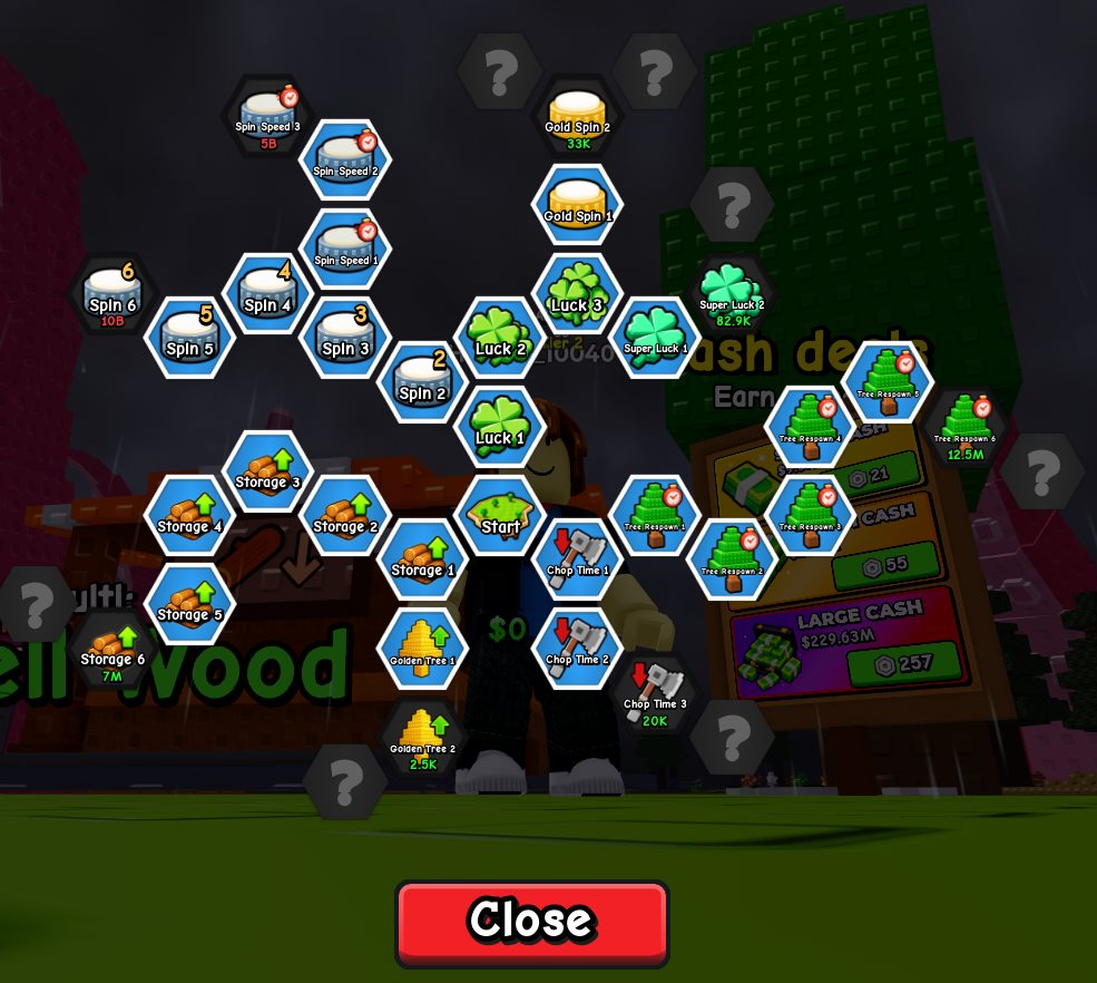 My Timber Pets skill tree showing Chop Time, Storage, Luck, Spin, Spin Speed, Gold Spin, Super Luck, Tree Respawn and Golden Tree branches